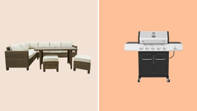 A wicker patio furniture set against a beige backdrop on the left. A propane grill against an orange background on the right.
