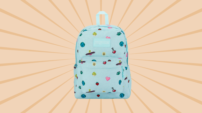 A jansport backpack on a sunburst background