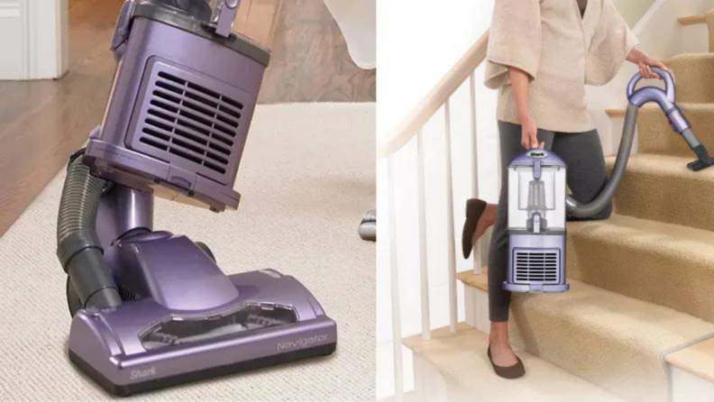 Two shots of the Shark Navigator vacuum. On the left, a close-up shot. On the right, a person using the vacuum on the stairs.