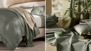 A Boll & Branch bedding set next to a green assortment of pillows, towels, and more.