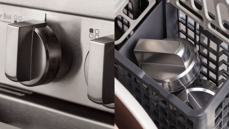 Left: Knobs on an oven. Right: Oven knobs in the basket of a dishwasher preparing to be washed.