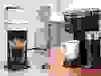 Left: white Nespresso machine with frothy cup of coffee. Right: Keurig machine with white mug full of coffee.