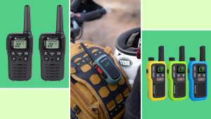 A colorful grid featuring walkie talkies from Midland, Rocky Talkie, and Baofeng