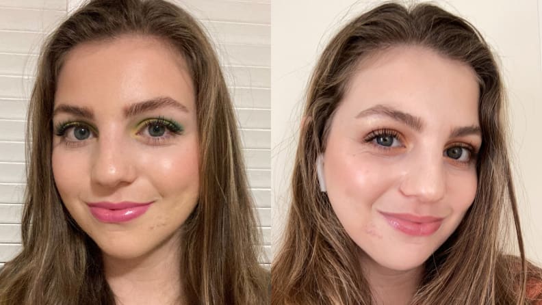A side by side of a woman wearing colorful makeup on her face.