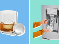 On left, brown liquid with circular ice inside of short glass. On right, person using ice dispenser on fridge door to distribute ice into glass pitcher.
