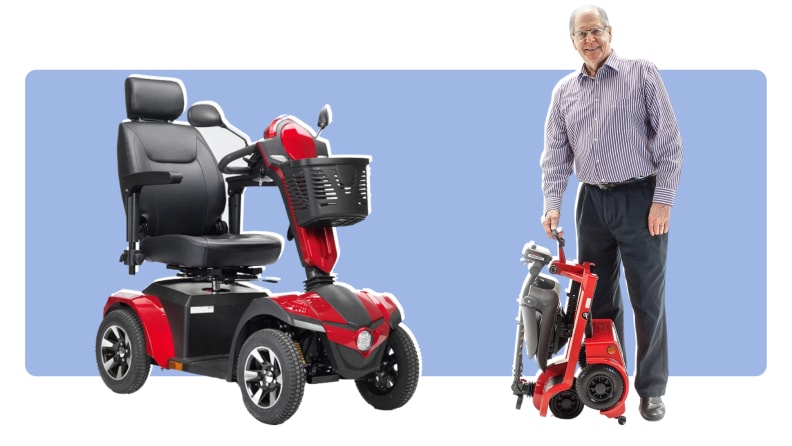 an image with the large Panther mobility scooter next to the small, foldable Shoprider scooter