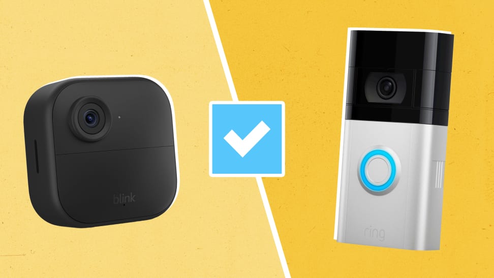 A Blink camera and Ring doorbell on a yellow background with a blue checkmark in between
