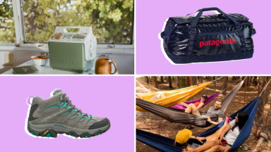 Igloo cooler, Merrell hiking boots, Patagonia bag, people in hammocks