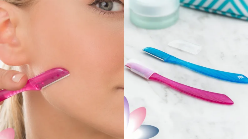 An image of a small pink razor in use along a face, and another image of the same razor alongside a blue razor.