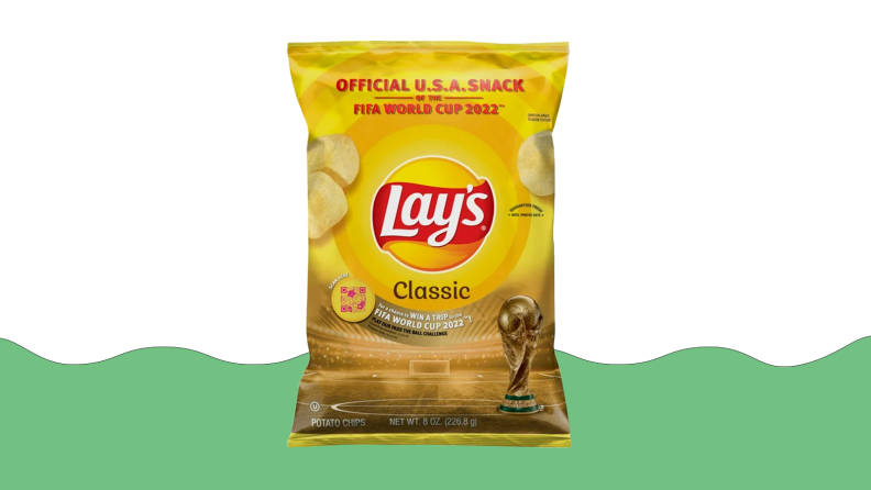 Product image of Lay's Classic Potato Chips on a green and white background.
