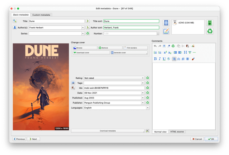 A screenshot of Calibre's metadata editor, which allows you to modify things like the ebook's title and author, cover art, description, and even tags.