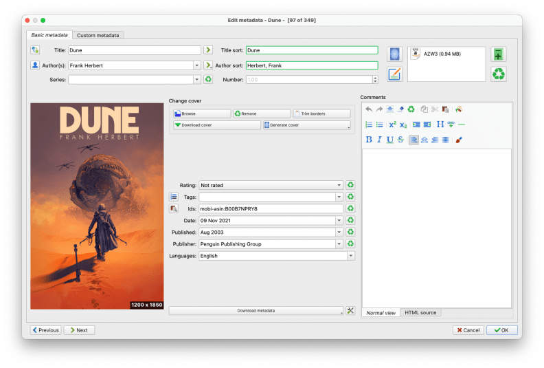 Une capture d'écran de l'éditeur de métadonnées de Calibre, qui vous permet de modifier des éléments tels que le titre et l'auteur de l'ebook, la couverture, la description et même les balises.