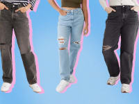 Models displaying distressed and ripped denim jeans.