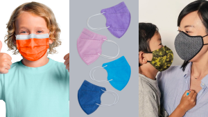1) A child wears an orange protective mask. 2) Four multicolored masks on a gray background. 3) A parent holds a child wearing masks.