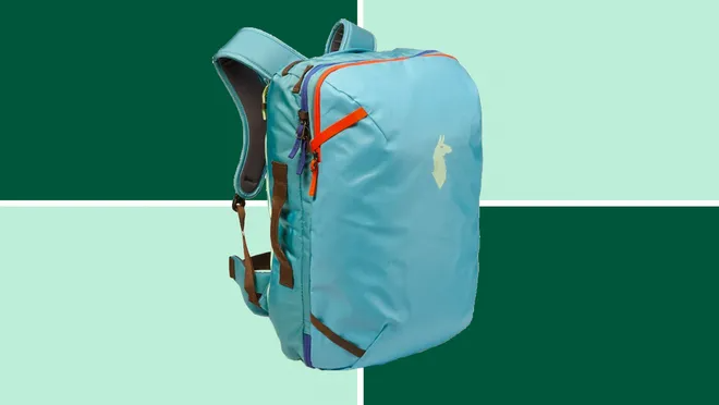 Cotopaxi Allpa 35 L Travel Pack on a dark and light green background.