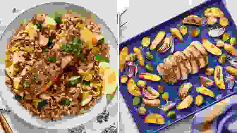 On left, a photo of a Blue apron trout and grain dish. On right, a pan of Blue Apron meatloaf surrounded by roasted veggies.