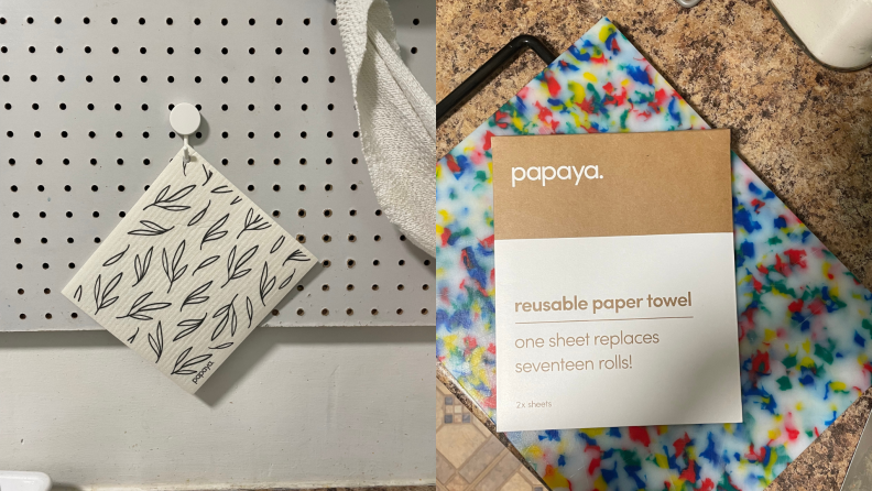 A Papaya paper towel hanging from a wall and it's packaging against a colorful cutting board.