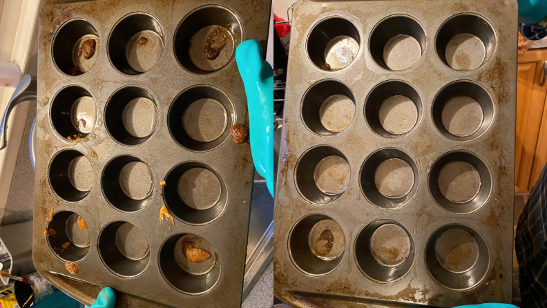 A before photo of a dirty muffin tin next to another photo of the muffin tin after being cleaned