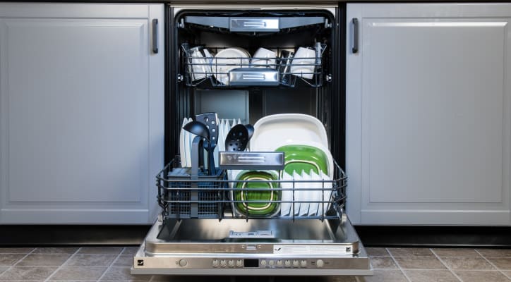 Loaded open dishwasher