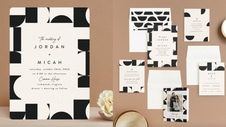 On left, black and white geometric wedding invite. On right, black and white wedding invite set.