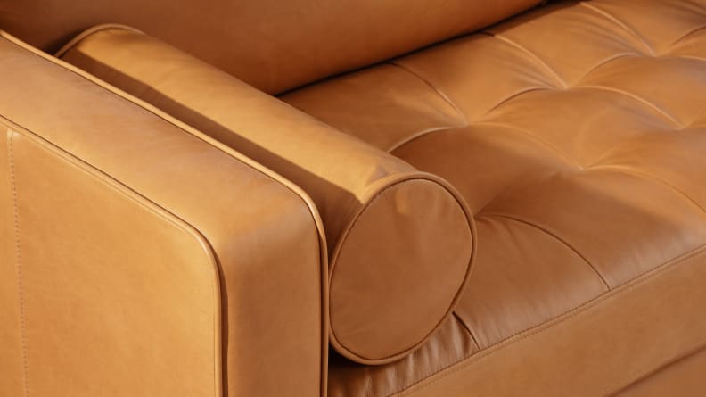 Close-up shot of tan leather on the Sven Charme Leather Couch from Article.