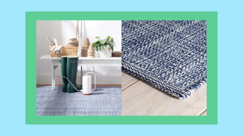 Two views of a blue and white dithered outdoor rug.