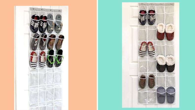 Against an orange and teal background are two views of an over the door shoe organizer.