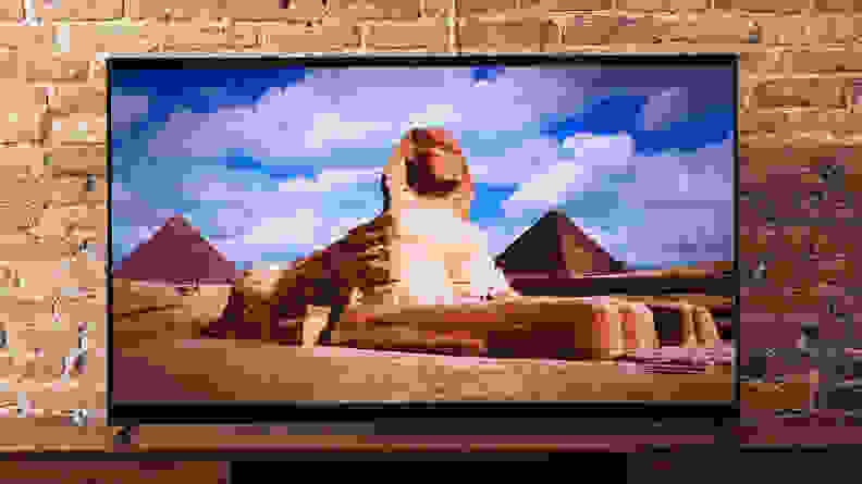 The TV displaying an Egyptian sphinx.