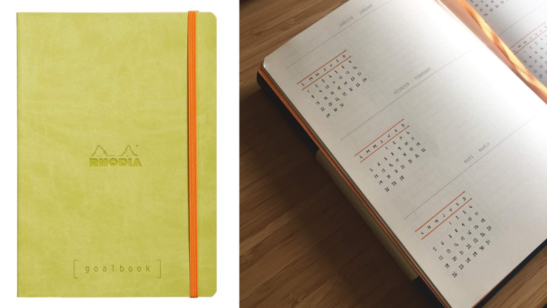 On the left, a light green leather journal. On the right, an interior view of the goalbook.
