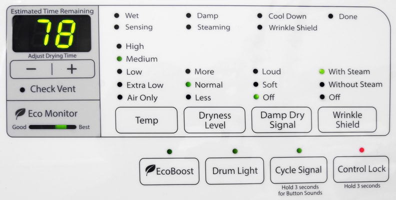 Controls are responsive and—other than the lack of extra steam-based options—the Whirlpool Duet WED87HEDW's feature list doesn't leave much to be desired.
