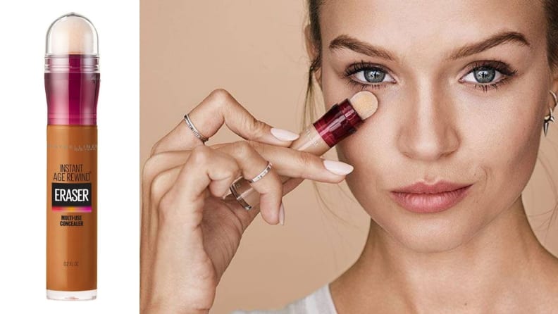 On the left: The Maybelline Instant Age Rewind Eraser Multi-Use Concealer in a tan-deep shade on a white background. On the right: A person with fair skin holds the Maybelline concealer up to their under-eyes and looks at the camera.