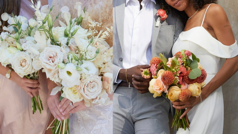 Bridesmaids holding bouquet of flowers. On right, bride holding bouquet of flowers next to groom.