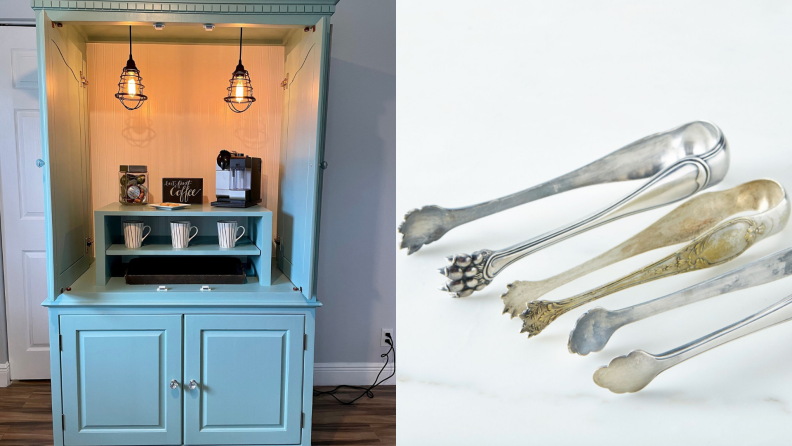 On left, pastel blue armoire wine and coffee bar. On right, three sets of vintage french silver-plated ice tongs.