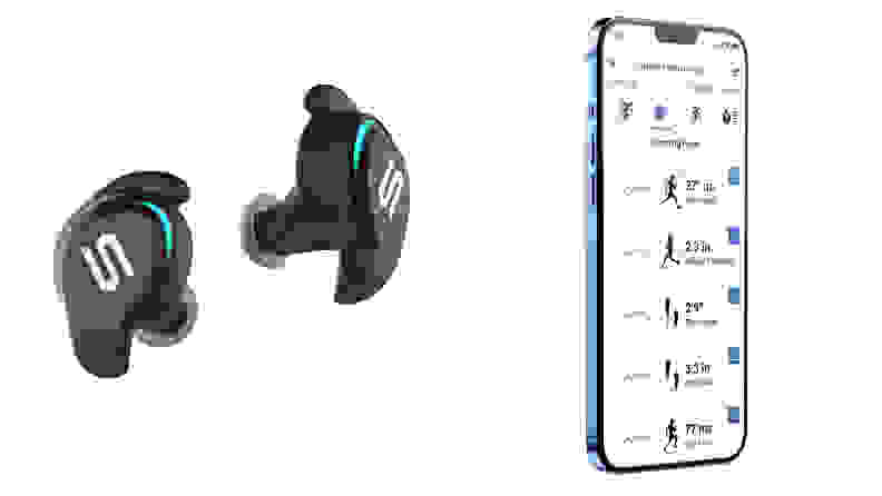 Left: A pair of Soul Blade earbuds. Right: The Soul companion app tracks your form during a run.