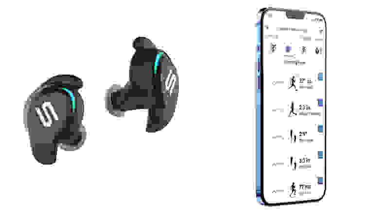 左图:一对灵魂之剑耳塞。右图:Soul同伴应用程序在跑步过程中跟踪你的表单。