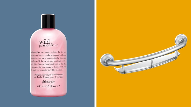 On the left, a pink bottle of Philosophy shower gel and shampoo.  On the right, silver shower bar.