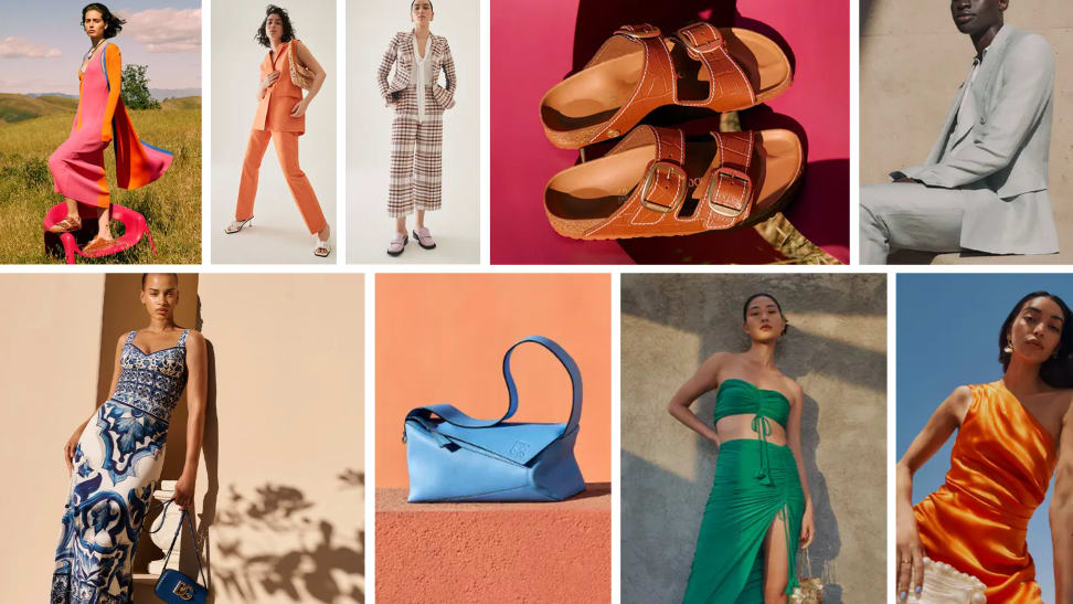 Grid with women's apparel, sandals, blue purse, green and orange dresses.