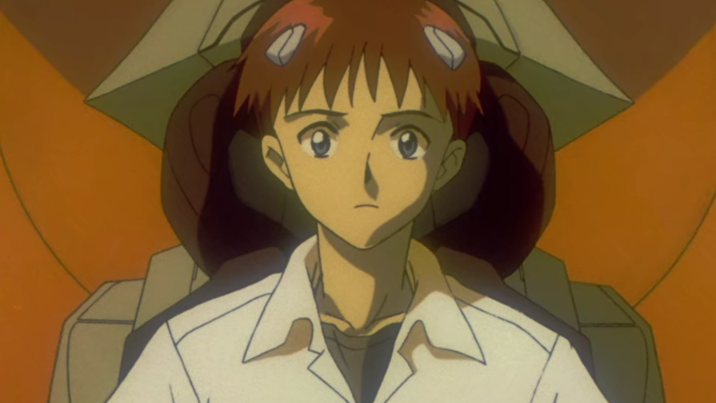 A still from Neon Genesis Evangelion that features the central character in a mech.