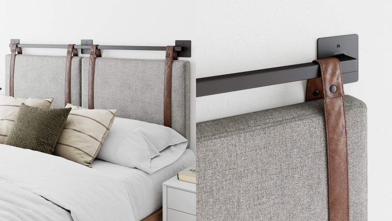 On left, gray and leather Harlow Wall Mount Faux Leather Headboard behind bed in bedroom.