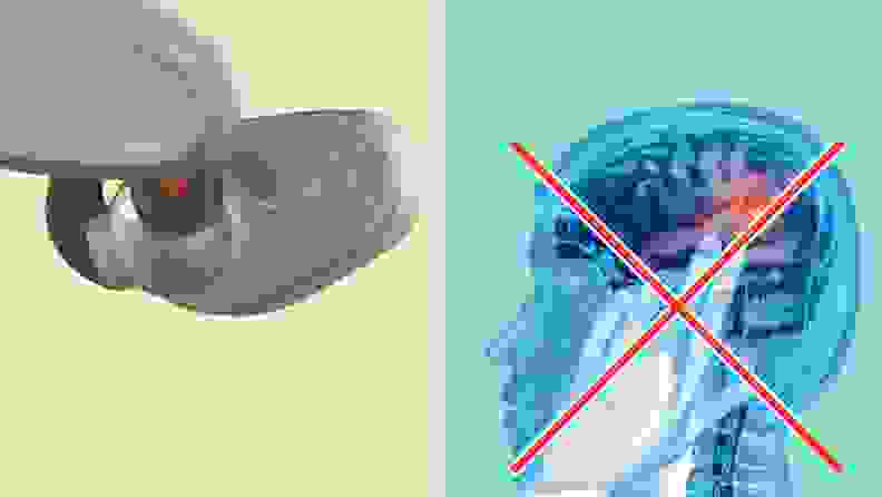 Side-by-side image of the Naqi Logix Neural Earbuds in gray and an X-ray diagram of a person's head with their hand on their temple, the hand crossed out with an X.