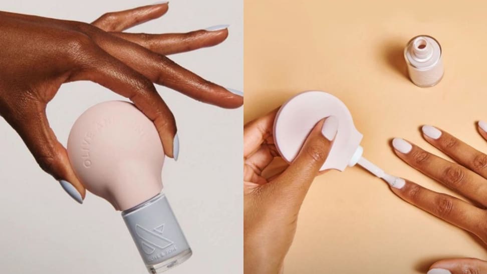 Left: a hand holds the Poppy on a nail polish bottle; right: a person paints their nails using the Poppy attachment