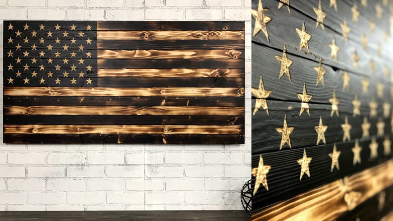 On left, wooden hand-carved American flag wall decor. On right, close up of black burned wood with white stars