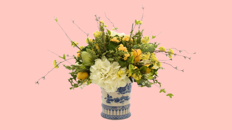 Decorative mixed bouquet in a blue and white vase from Perigold.