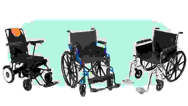 Three different types of wheelchairs side-by-side on a green background.