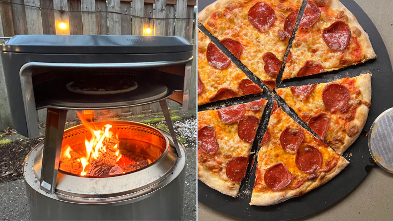 On left, Solo Stove Pi Fire pizza oven with open flame. On right, pepperoni pizza pie.