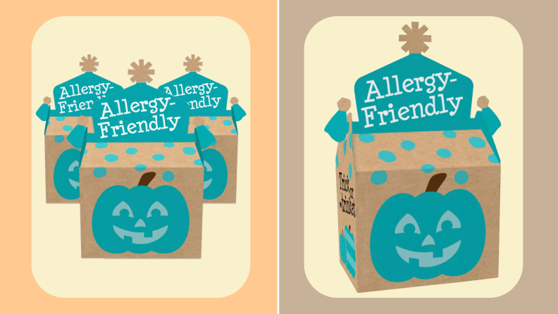 Four small, tan and teal cardboard goodie boxes with a pumpkin cartoon on the front.