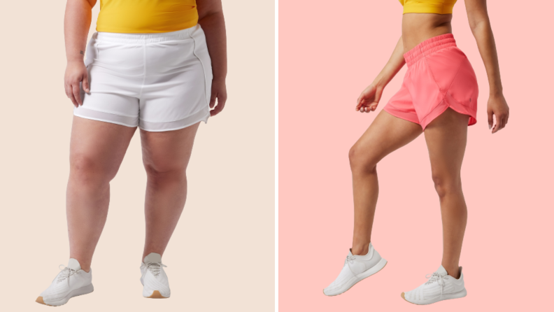 Legs that are wearing a white pair of shorts, another that are wearing pink.