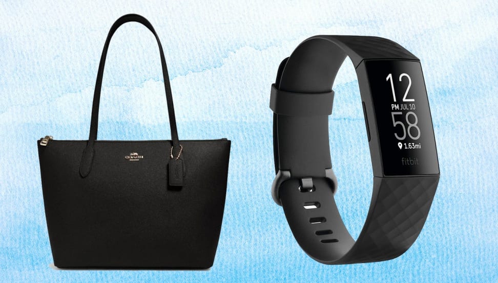 On left, black leather top handle purse in front of blue background. On right, digital smart watch in front of blue background.