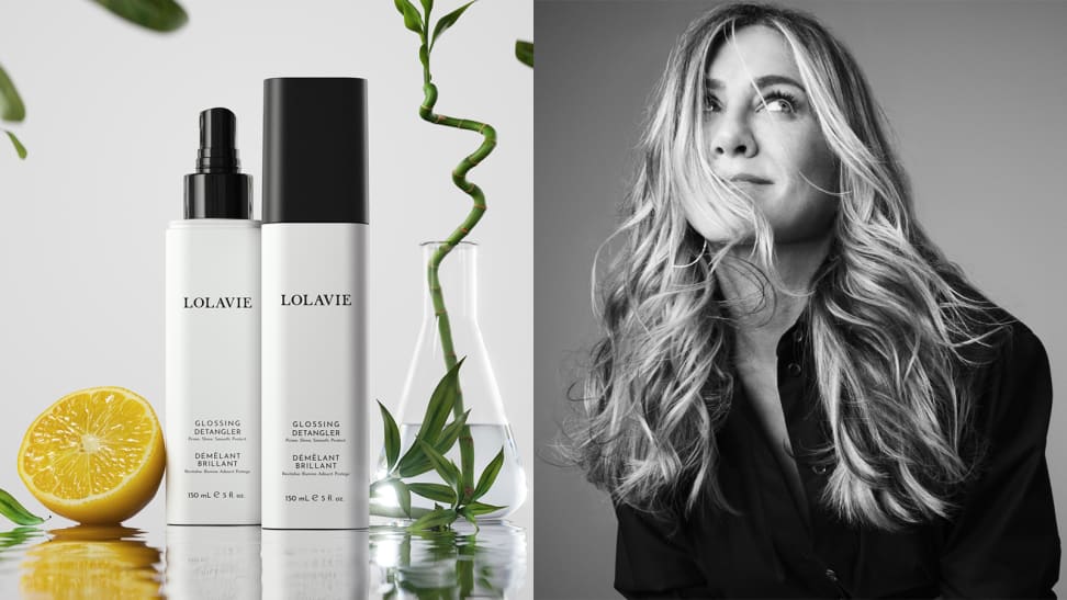 On the left: Two white bottles of hair detangler stand next to each other. On the right: Jennifer Aniston with wavy hair smiles and looks up to the right of the photo.