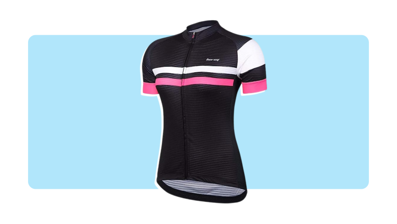 Product shot of the black, white, pink printed Beroy Beroy Women’s Cycling Jersey.